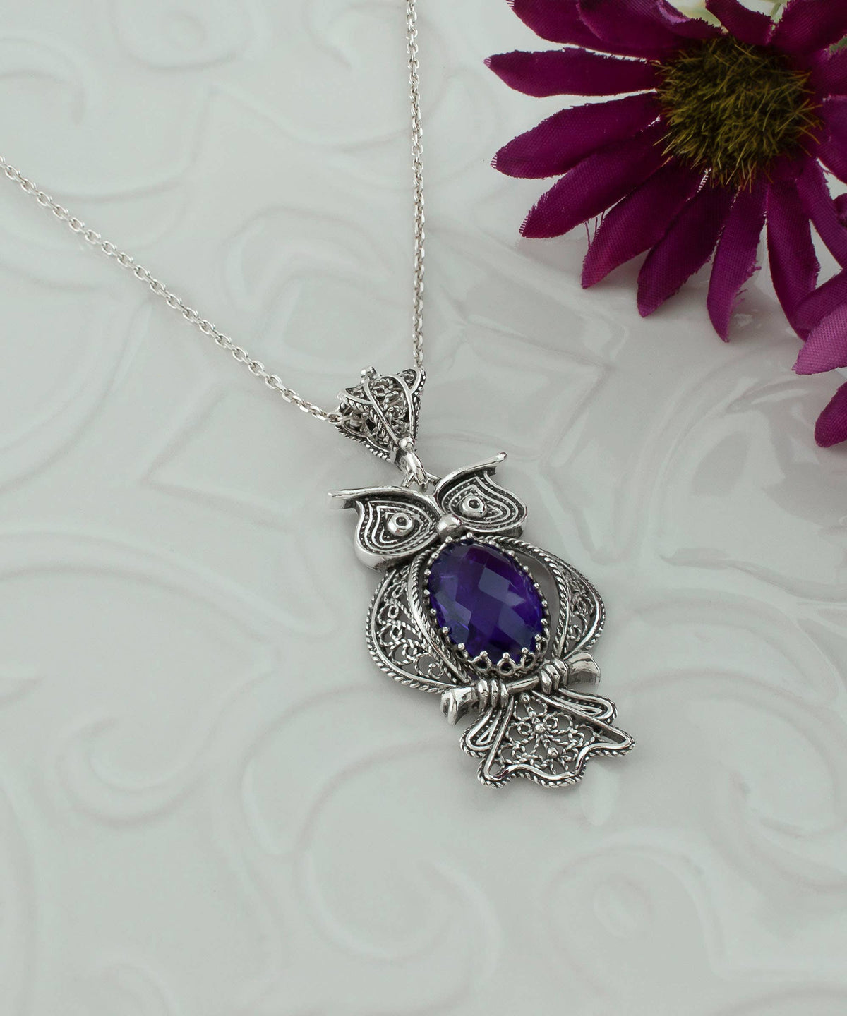 Sterling Silver Filigree Owl Amethyst Pendant Necklace