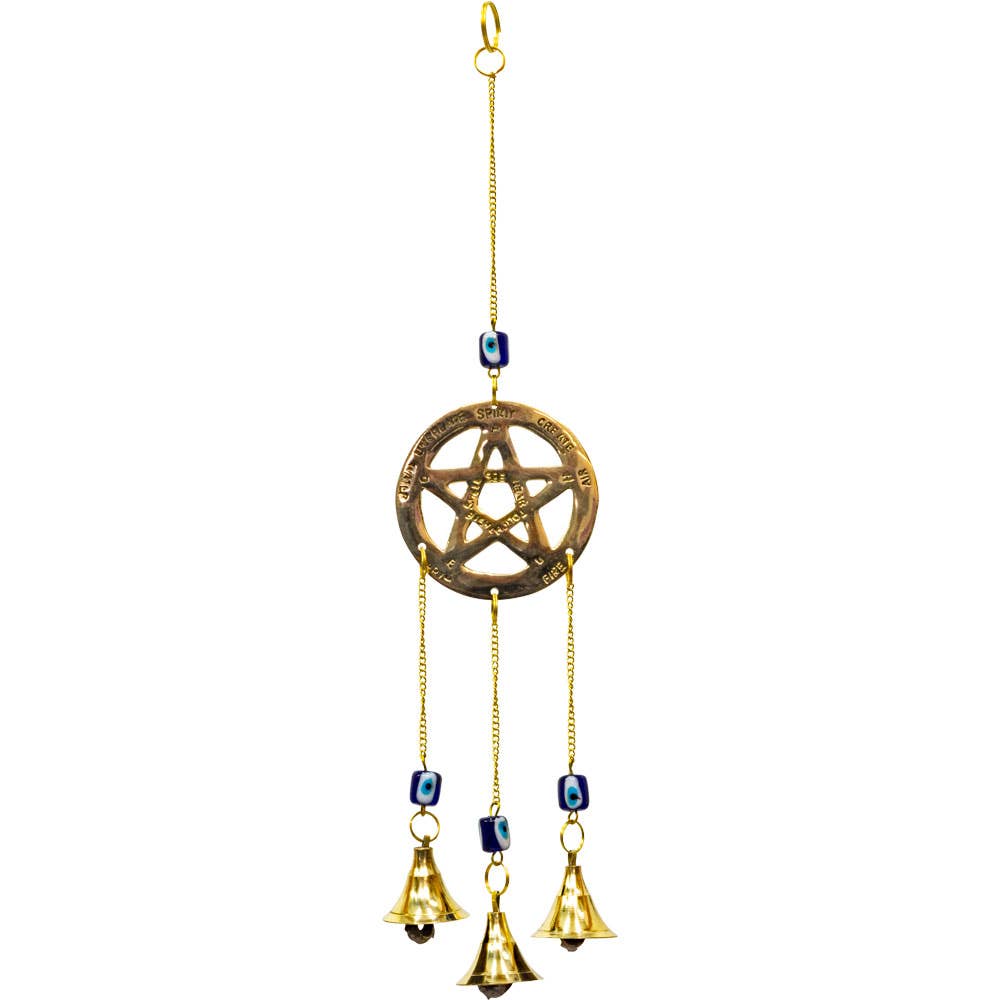 Brass Bell Chime - Pentacle w/ Evil Eye Beads (Each)
