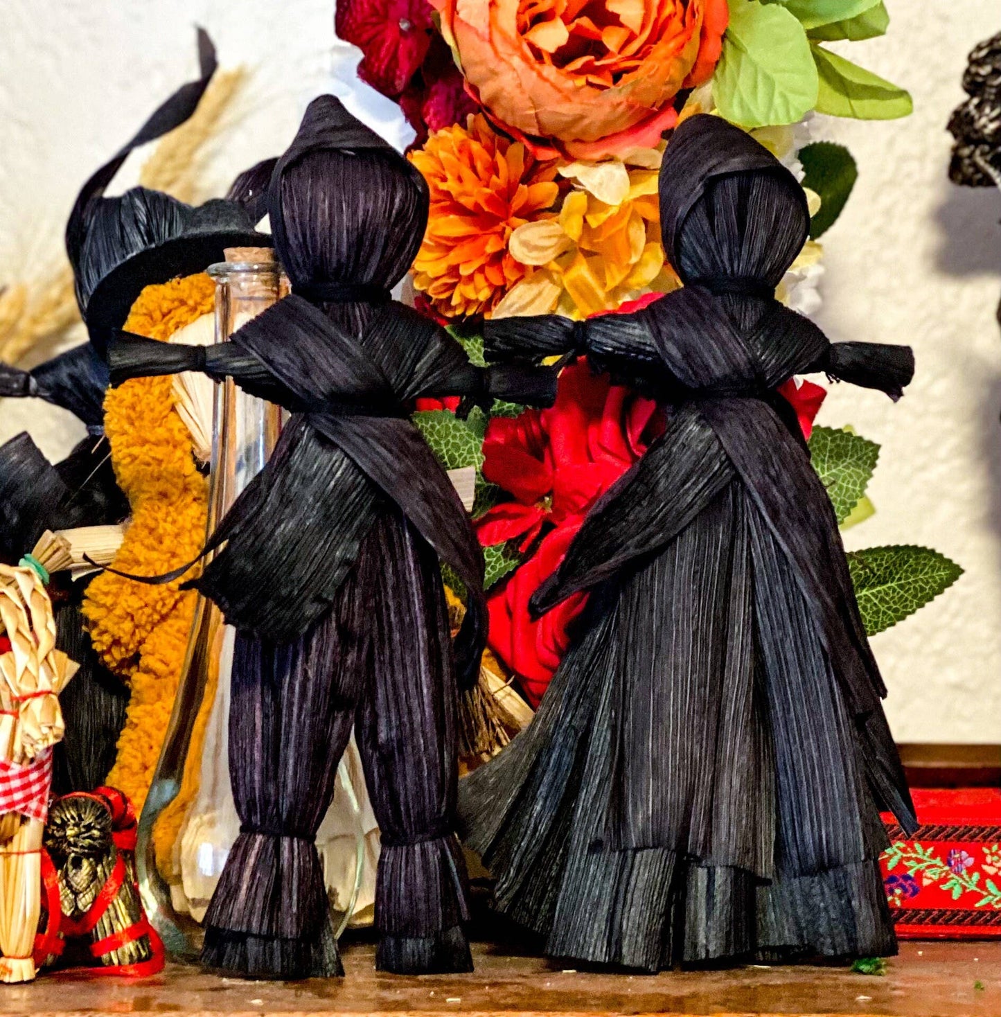 Corn Husk Doll / Folk Poppet with Smock and Hood - Black