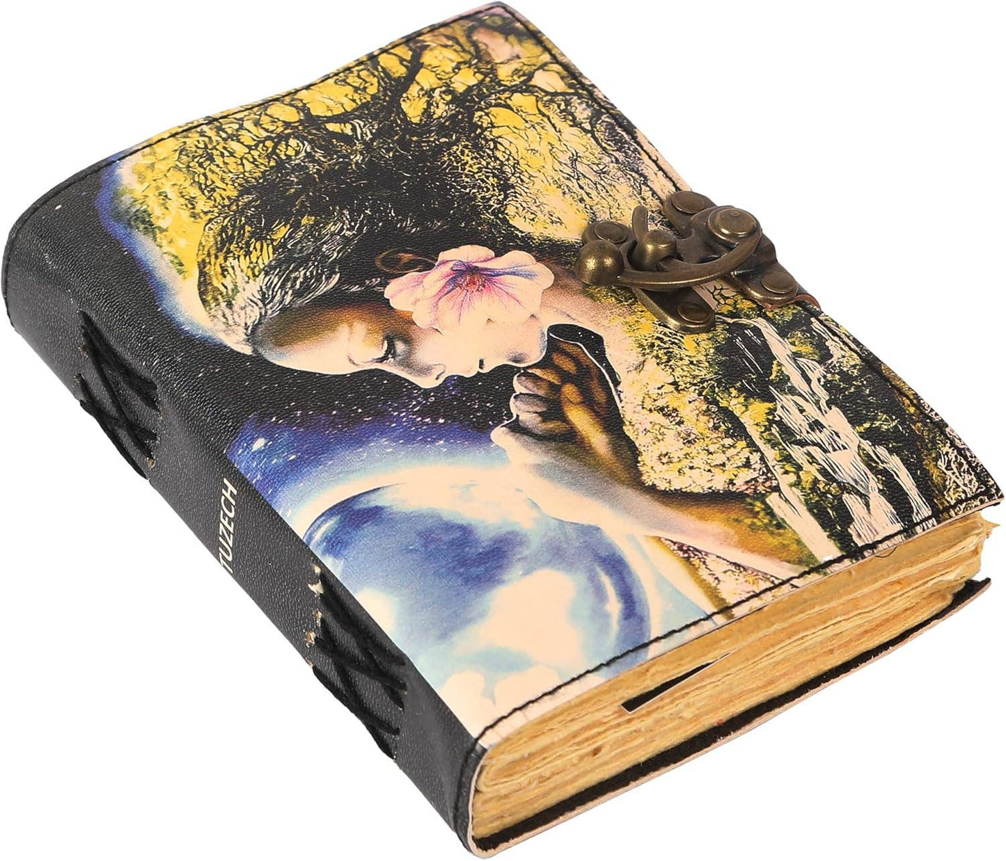 TUZECH Book of Spells Leather Bound Journal Deckle Edge Paper Grimoire Printed Diary Third Eye Notebook Spiral Gothic Notebook Antique Vintage Book for Men and Women