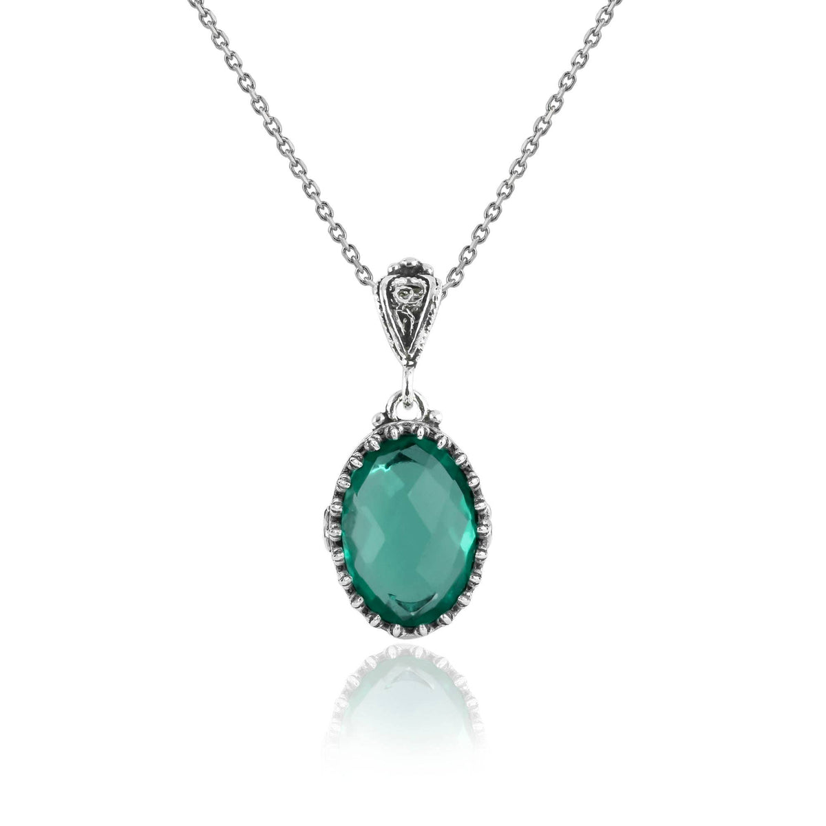 925 Silver Filigree Heart Detailed Emerald Gemstone Woman Pendant Necklace