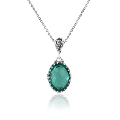 925 Silver Filigree Heart Detailed Emerald Gemstone Woman Pendant Necklace