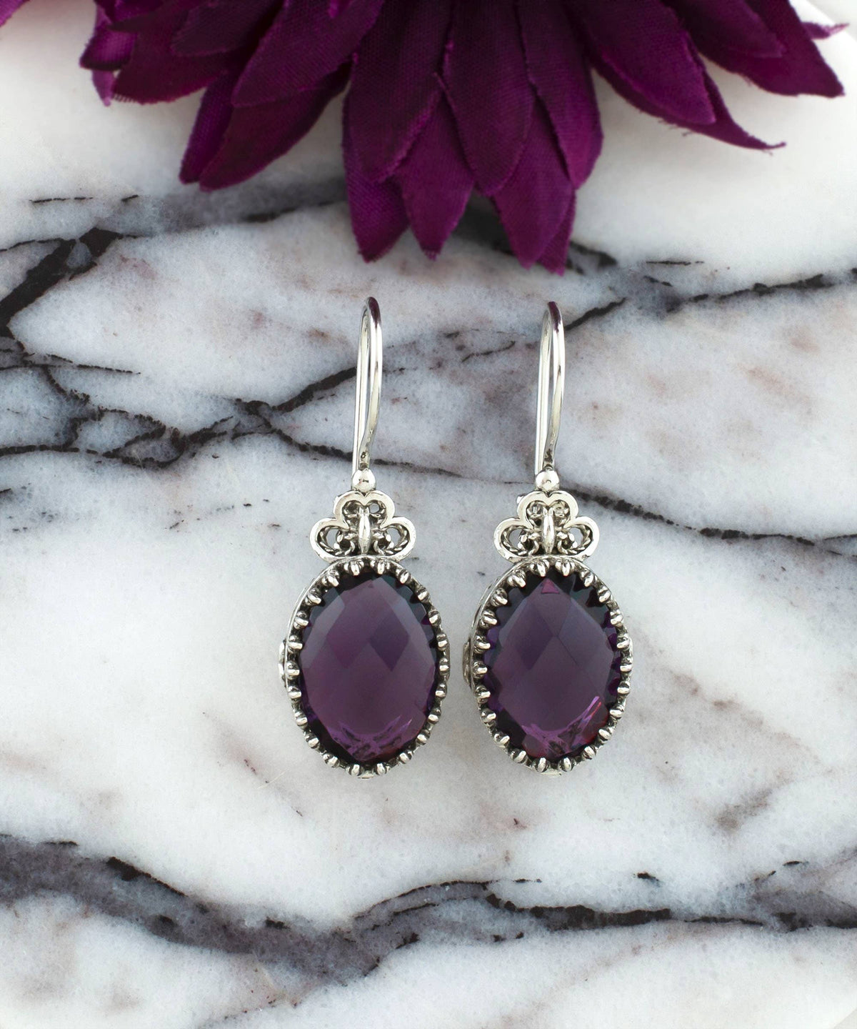 Filigree Art Heart Design Amethyst Gemstone Women Silver Drop Earrings