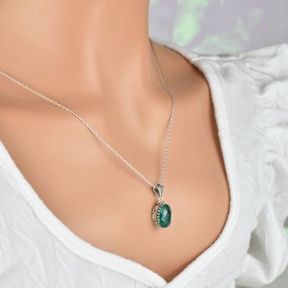 925 Silver Filigree Heart Detailed Emerald Gemstone Woman Pendant Necklace