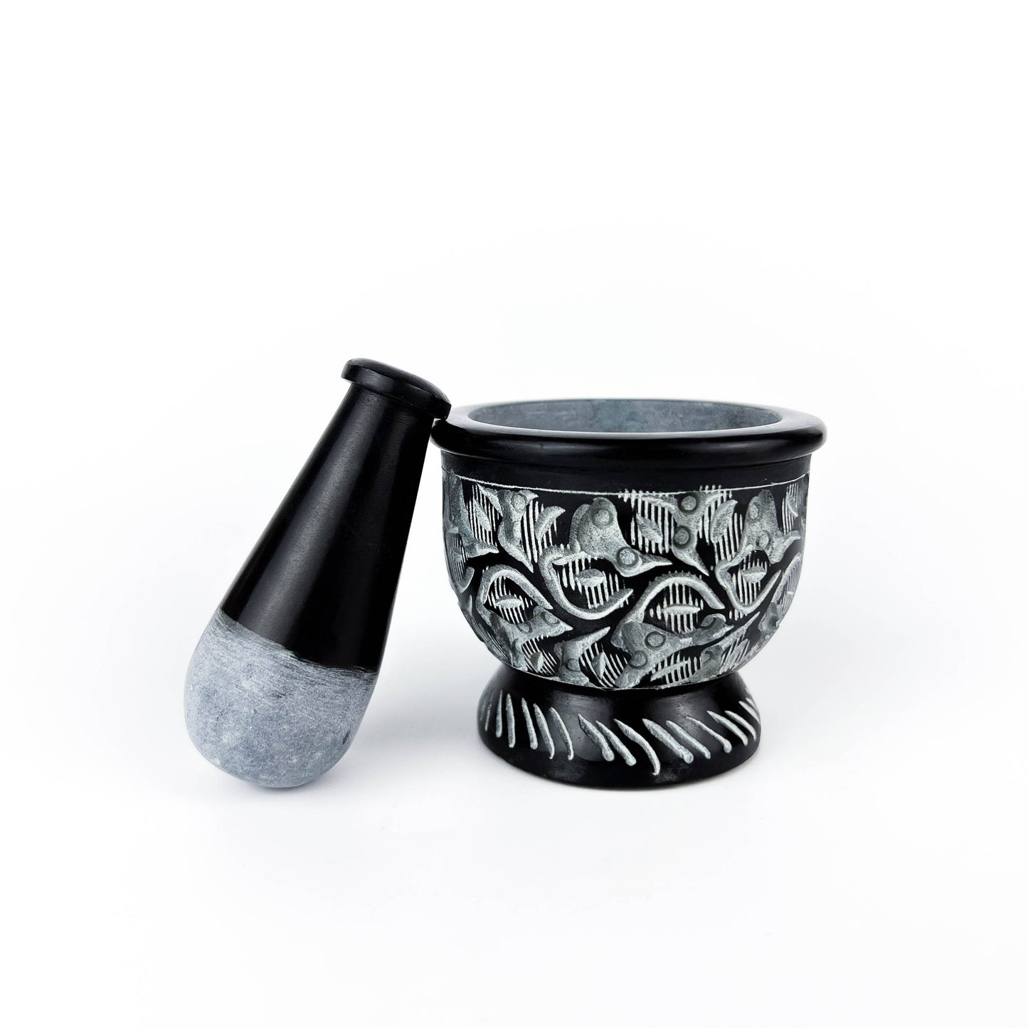 Black Carved Soapstone Mortar & Pestle 2.5"H, 3"D