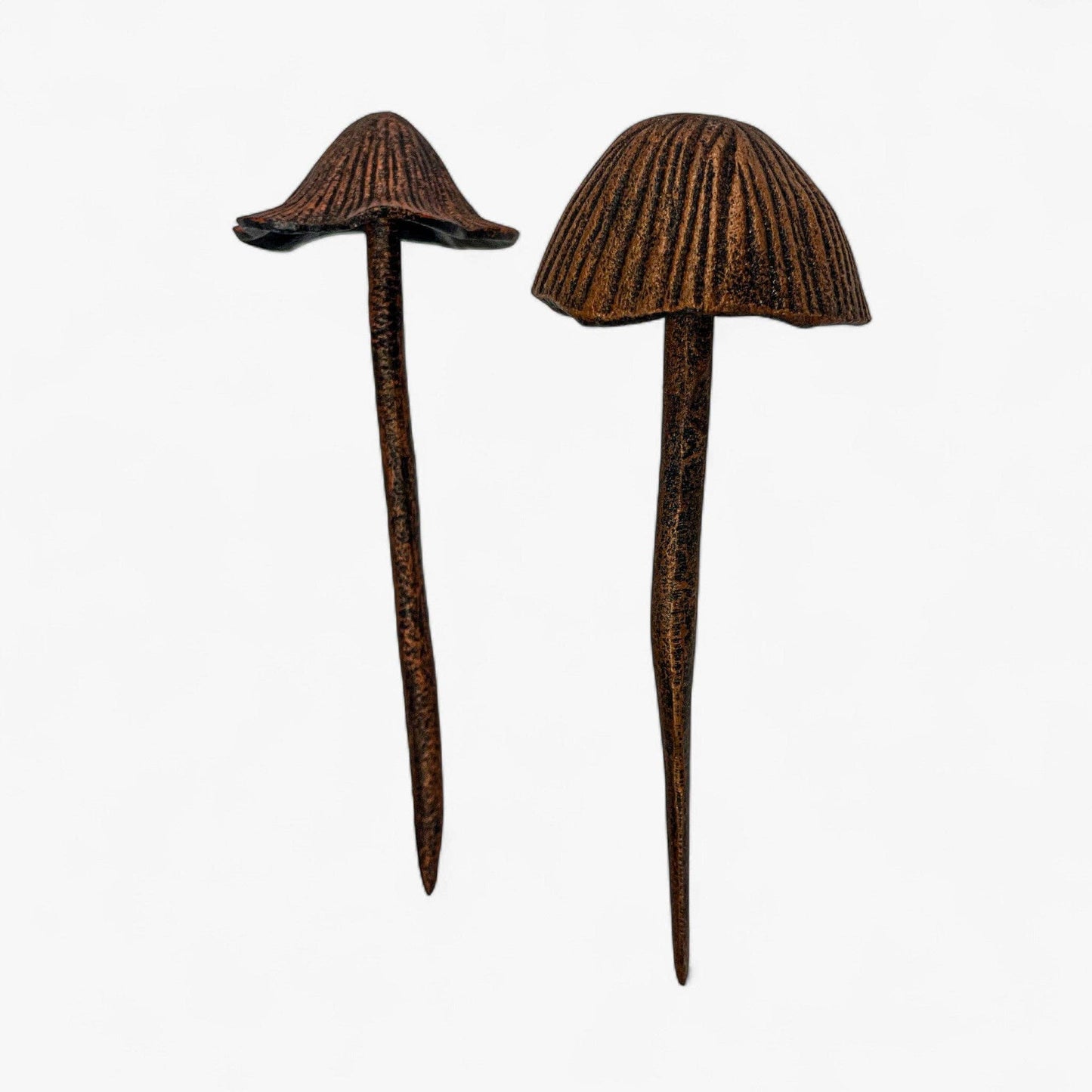 Mushroom Garden Stakes, Cast Iron Set of 2, Aged Copper Finish, 13"