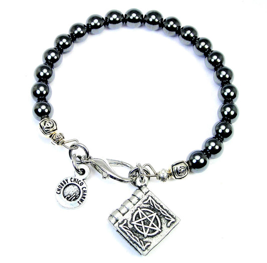 Pentagram Witches Book Hematite  bracelet wicca