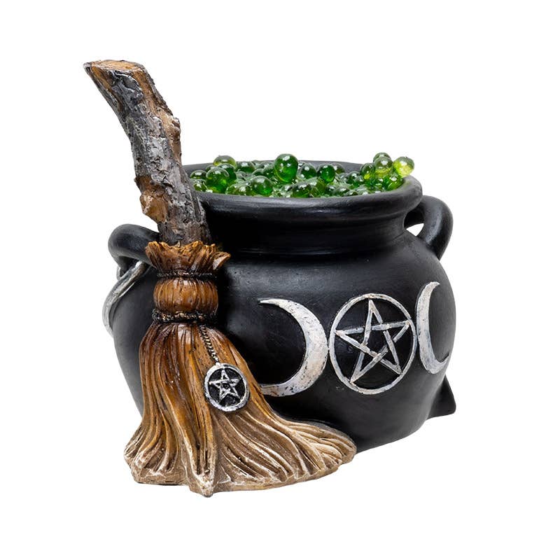 Triple Moon Cauldron w/Broom LED
