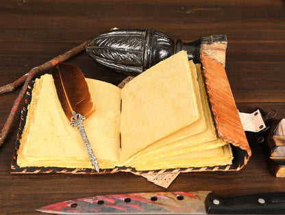 TUZECH Cutomizable Hocus Pocus Book of Spells Leather Journal Deckle Edge Paper Grimoire Journal Third Eye Vintage Book of Shadows Seven Chakra Antique Spell Book Lock Clasp Notebook Witch