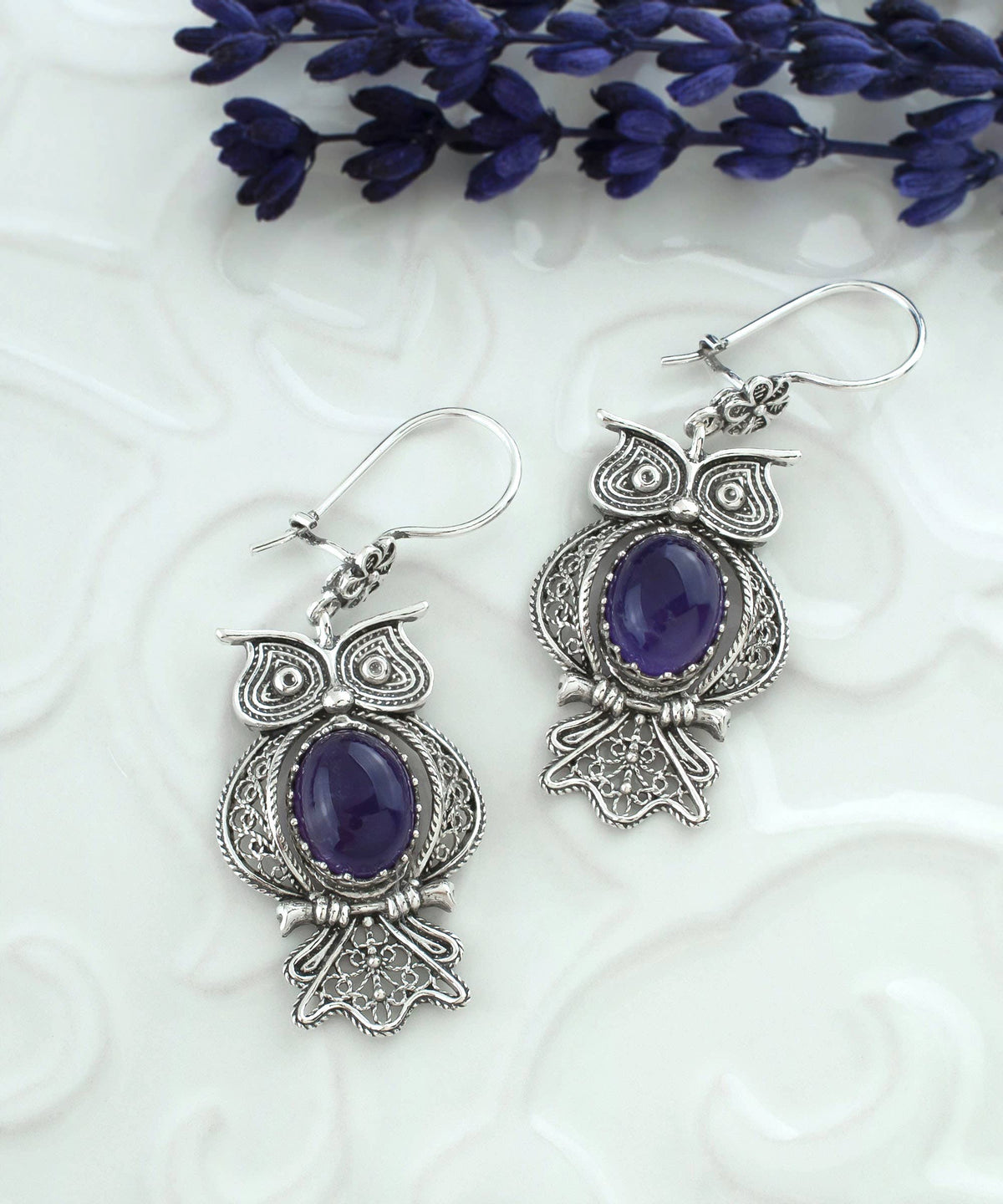 Filigree Art Owl Design Amethyst Gemstone Women Dangle Drop Silver Earrings