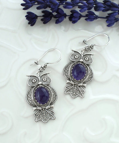 Filigree Art Owl Design Amethyst Gemstone Women Dangle Drop Silver Earrings