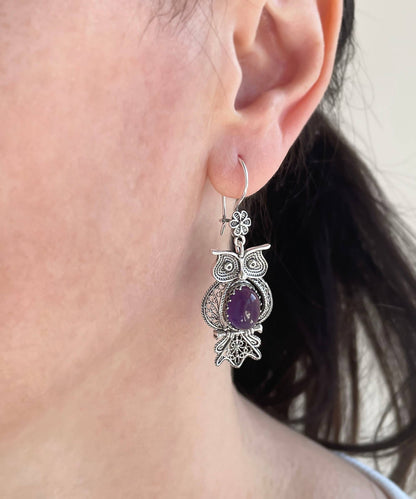Filigree Art Owl Design Amethyst Gemstone Women Dangle Drop Silver Earrings