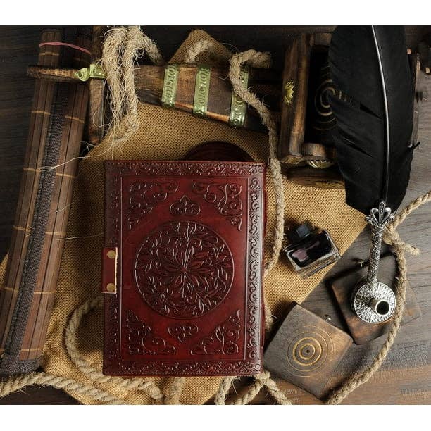 TUZECH Handmade Personalized Crescent Office Home Daily Use, Hocus Pocus Poem Writing Beautiful Pure Leather Stone Leather Bound Journal Moon with Brown Stone, C-Lock for Men and Women