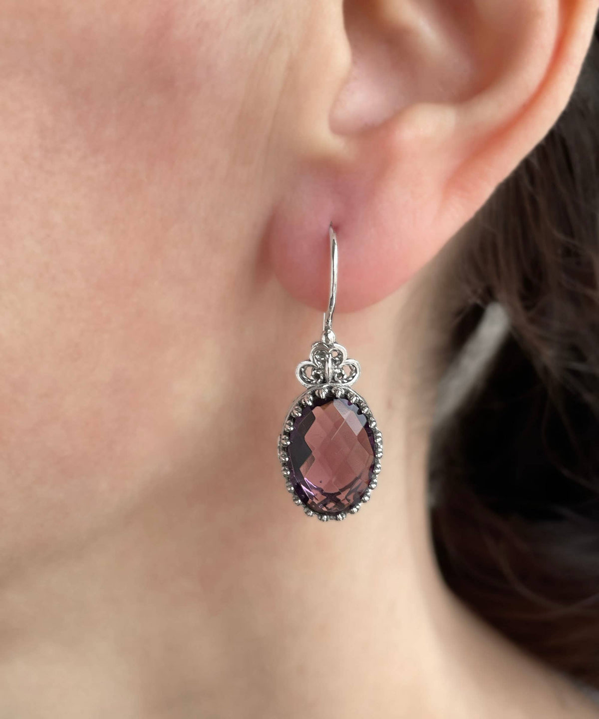 Filigree Art Heart Design Amethyst Gemstone Women Silver Drop Earrings