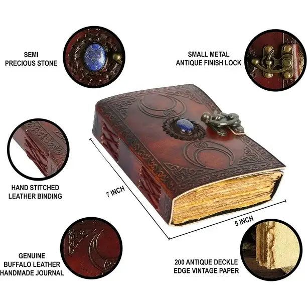 TUZECH Handmade Personalized Crescent Office Home Daily Use, Hocus Pocus Poem Writing Beautiful Pure Leather Stone Leather Bound Journal Moon with Brown Stone, C-Lock for Men and Women