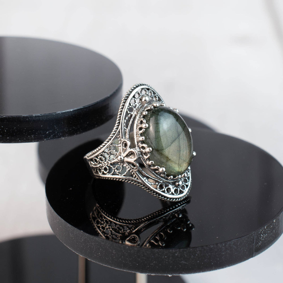 Labradorite Gemstone Filigree Sterling Silver Cocktail Ring
