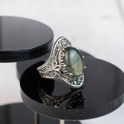 Labradorite Gemstone Filigree Sterling Silver Cocktail Ring