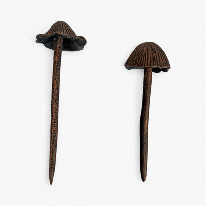 Mushroom Garden Stakes, Cast Iron Set of 2, Aged Copper Finish, 13"