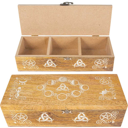 Laser Engraved Wood Compartment Box - Pagan Moon Phases
