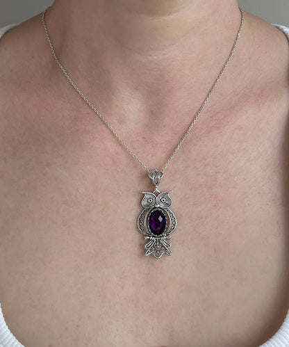 Sterling Silver Filigree Owl Amethyst Pendant Necklace