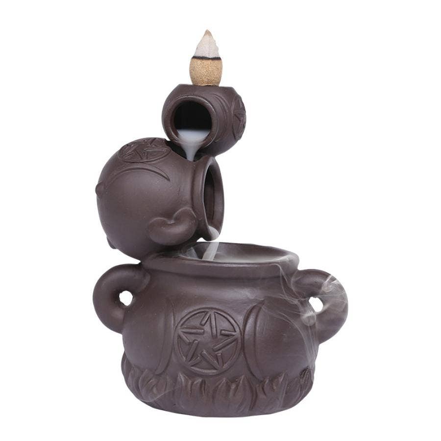Triple Moon Pentagram Cauldron Backflow Cone Buner 5"H X 4"W