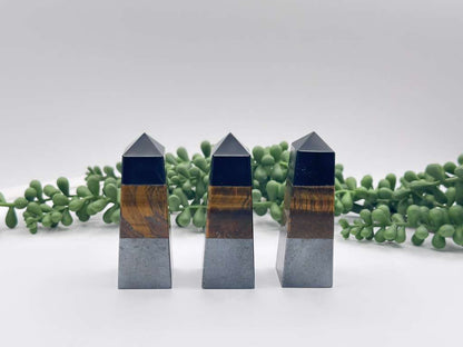 TRIPLE PROTECTION-Obsidian/Tiger Eye/Hematite Gemstone Tower