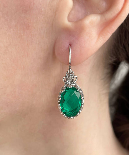 Filigree Art Emerald Gemstone Women Silver Drop Earrings