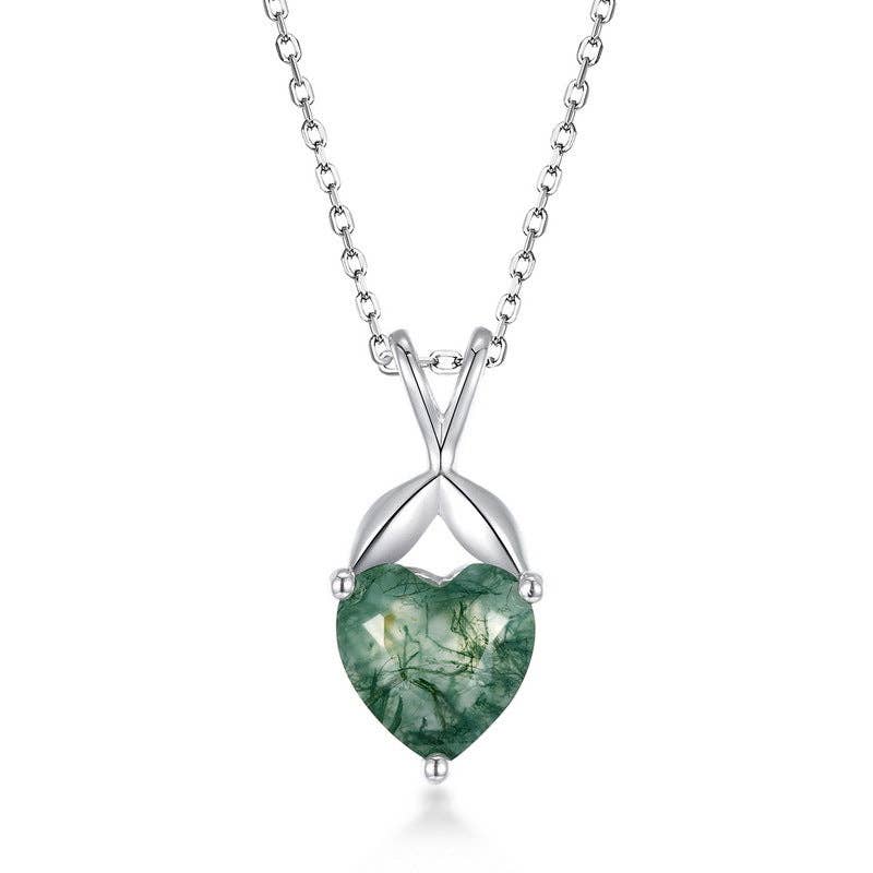 Moss Agate Heart Pendant Necklace in 925 Sterling Silver