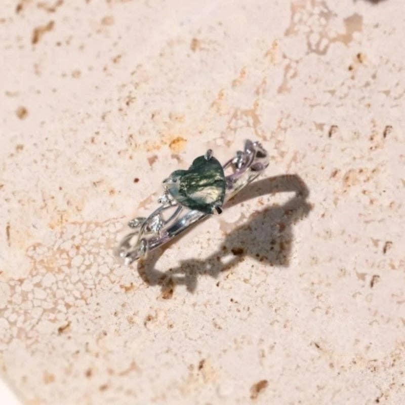 Heart Moss Agate Leaf Stacking Ring in 925 Sterling Silver