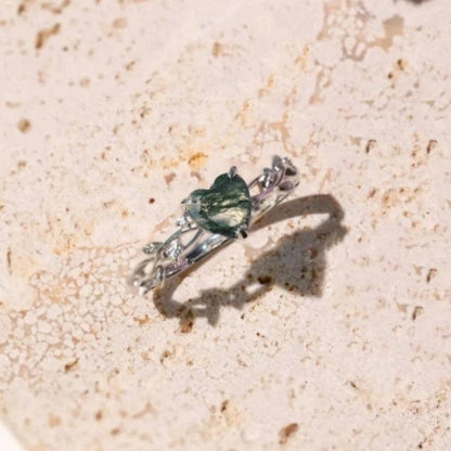 Heart Moss Agate Leaf Stacking Ring in 925 Sterling Silver