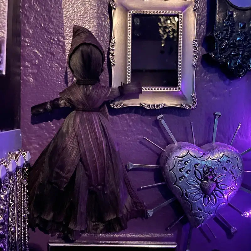 Corn Husk Doll / Folk Poppet with Smock and Hood - Black