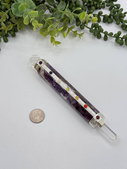 Chevron Amethyst Chakra Healing Wand with Clear Quartz Point