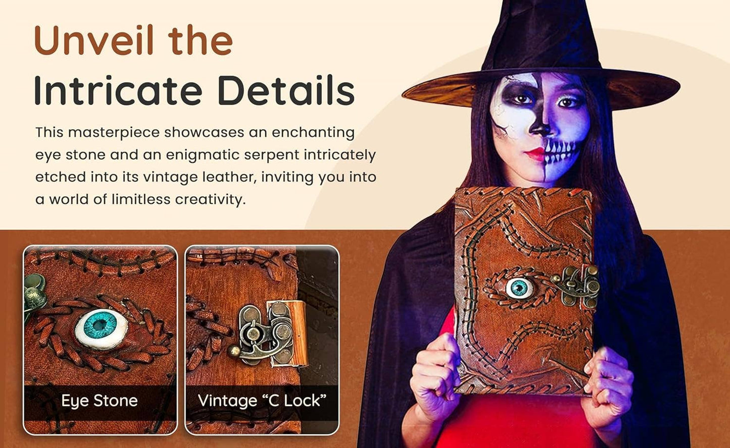 TUZECH Cutomizable Hocus Pocus Book of Spells Leather Journal Deckle Edge Paper Grimoire Journal Third Eye Vintage Book of Shadows Seven Chakra Antique Spell Book Lock Clasp Notebook Witch