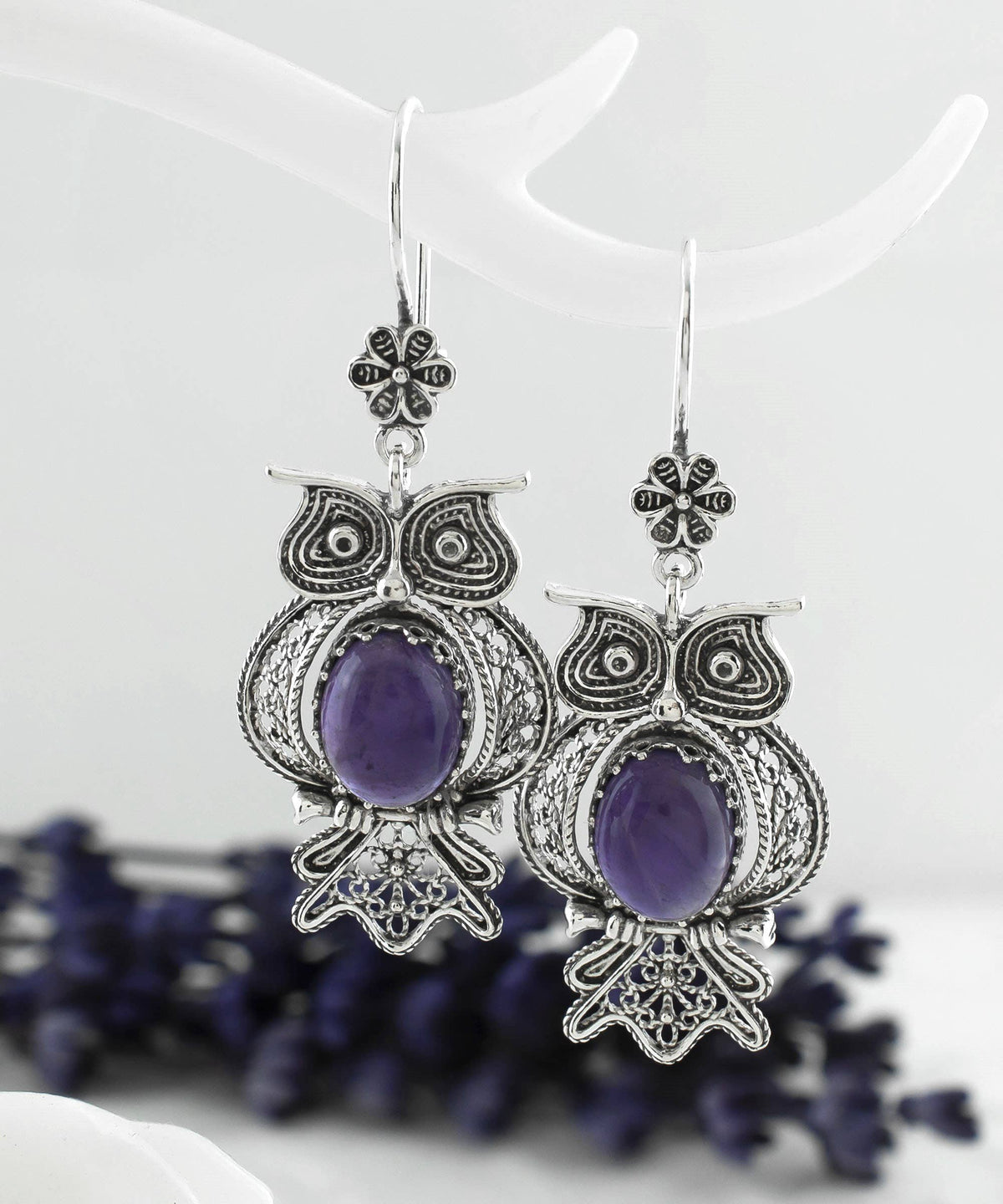 Filigree Art Owl Design Amethyst Gemstone Women Dangle Drop Silver Earrings