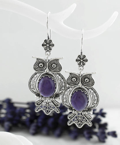 Filigree Art Owl Design Amethyst Gemstone Women Dangle Drop Silver Earrings