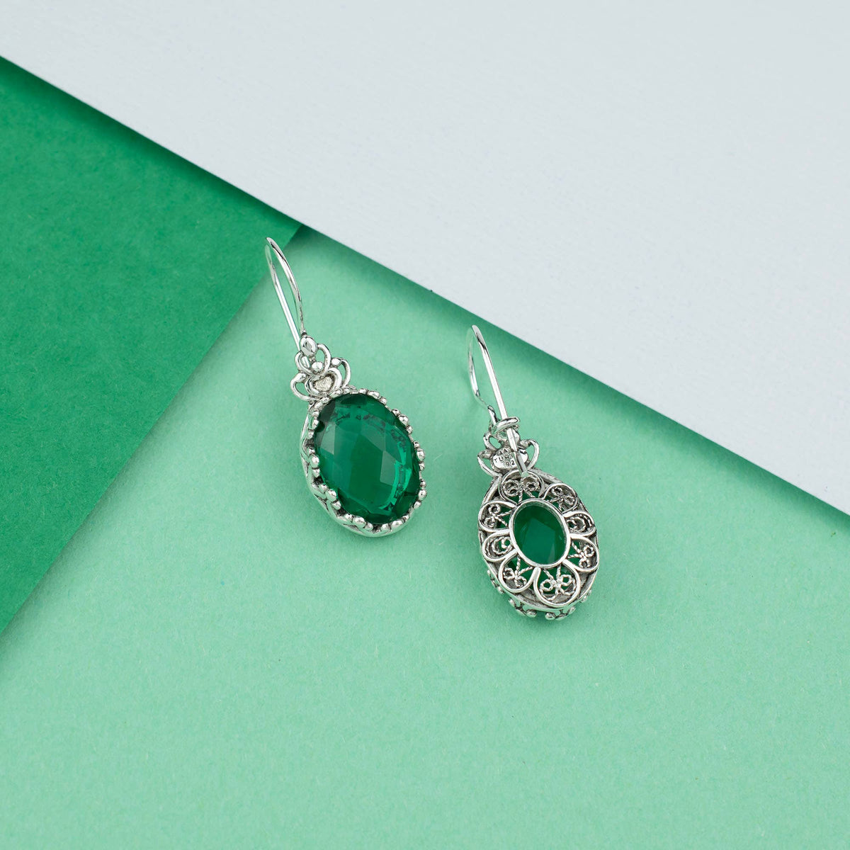 Filigree Art Emerald Gemstone Women Silver Drop Earrings