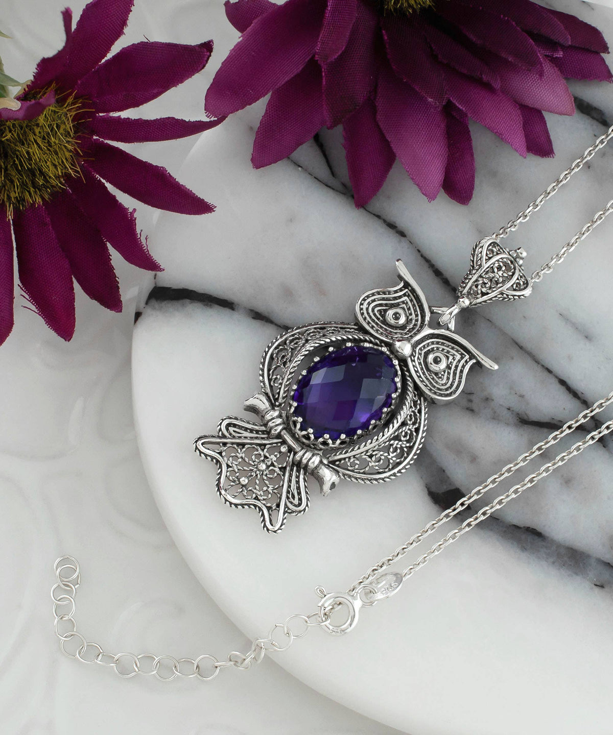 Sterling Silver Filigree Owl Amethyst Pendant Necklace