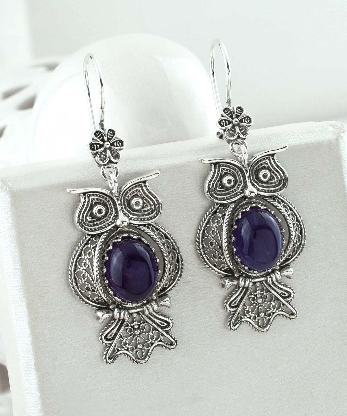 Filigree Art Owl Design Amethyst Gemstone Women Dangle Drop Silver Earrings