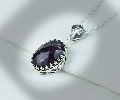 925 Silver Filigree Heart Detailed Amethyst Gemstone Woman Pendant Necklace