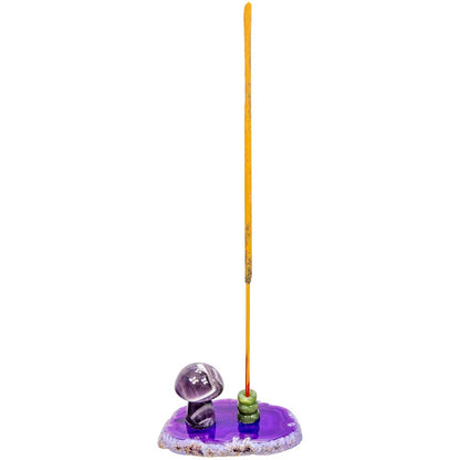Agate Slice Incense Holder w/ Gemstone Mushroom - Asstd