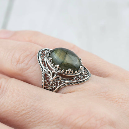 Labradorite Gemstone Filigree Sterling Silver Cocktail Ring