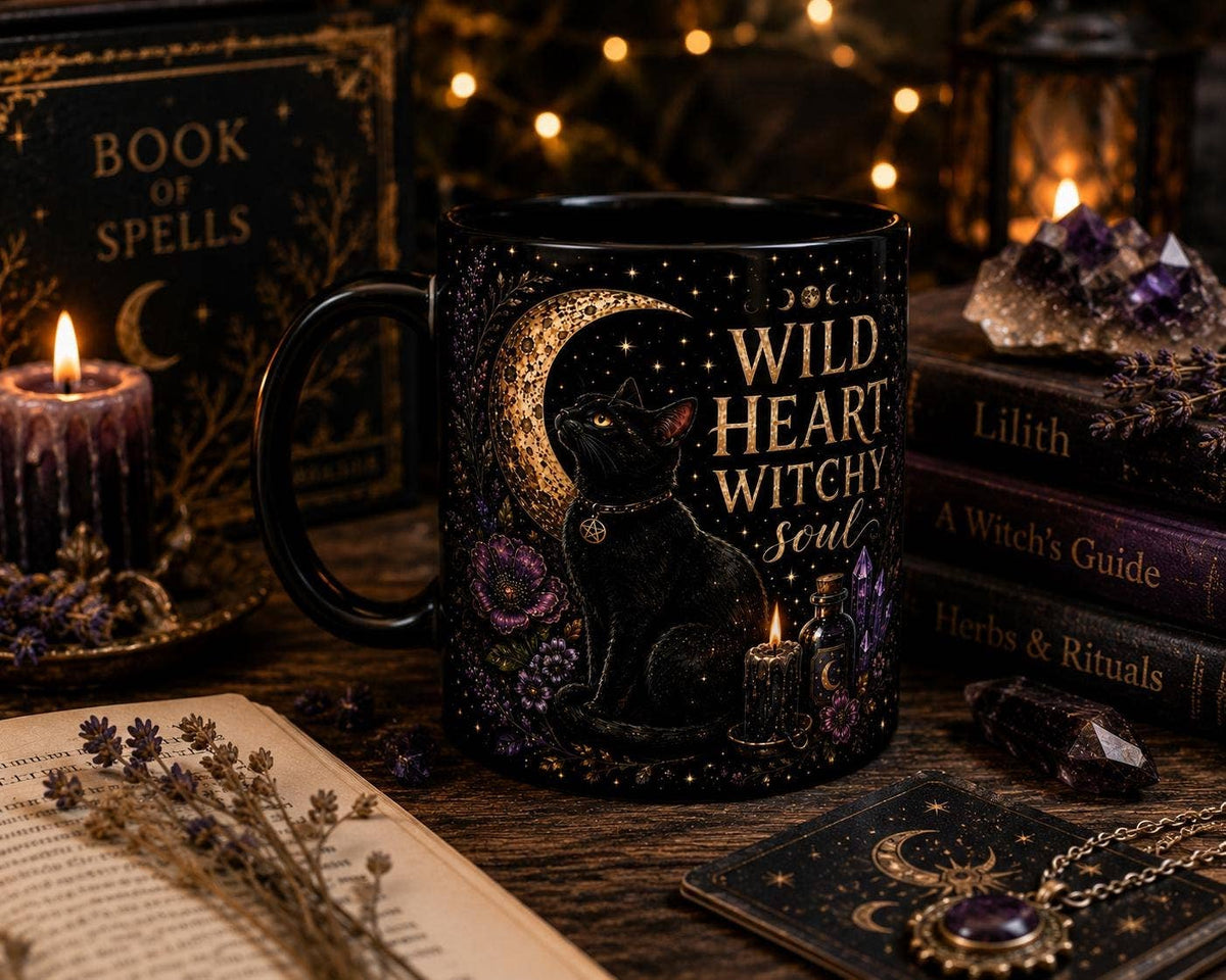 Black Cat Mug, Wild Heart Witchy Soul Cup, Witch Gift