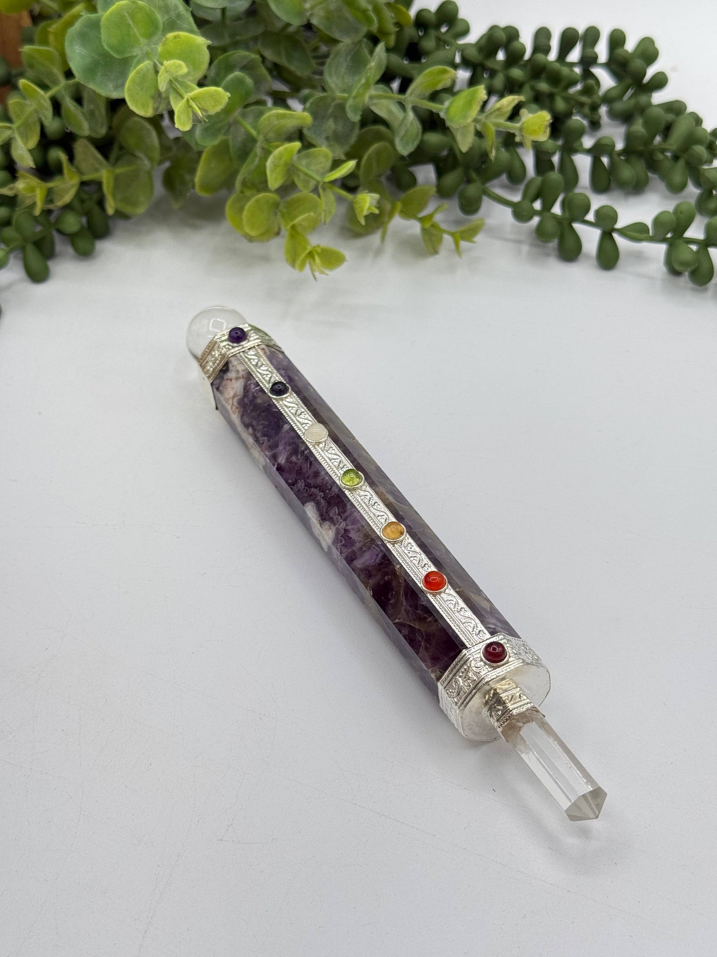 Chevron Amethyst Chakra Healing Wand with Clear Quartz Point
