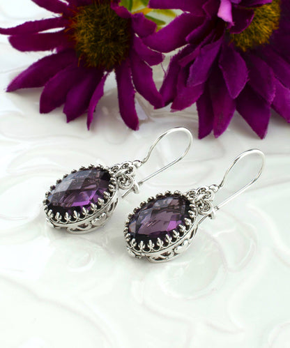 Filigree Art Heart Design Amethyst Gemstone Women Silver Drop Earrings