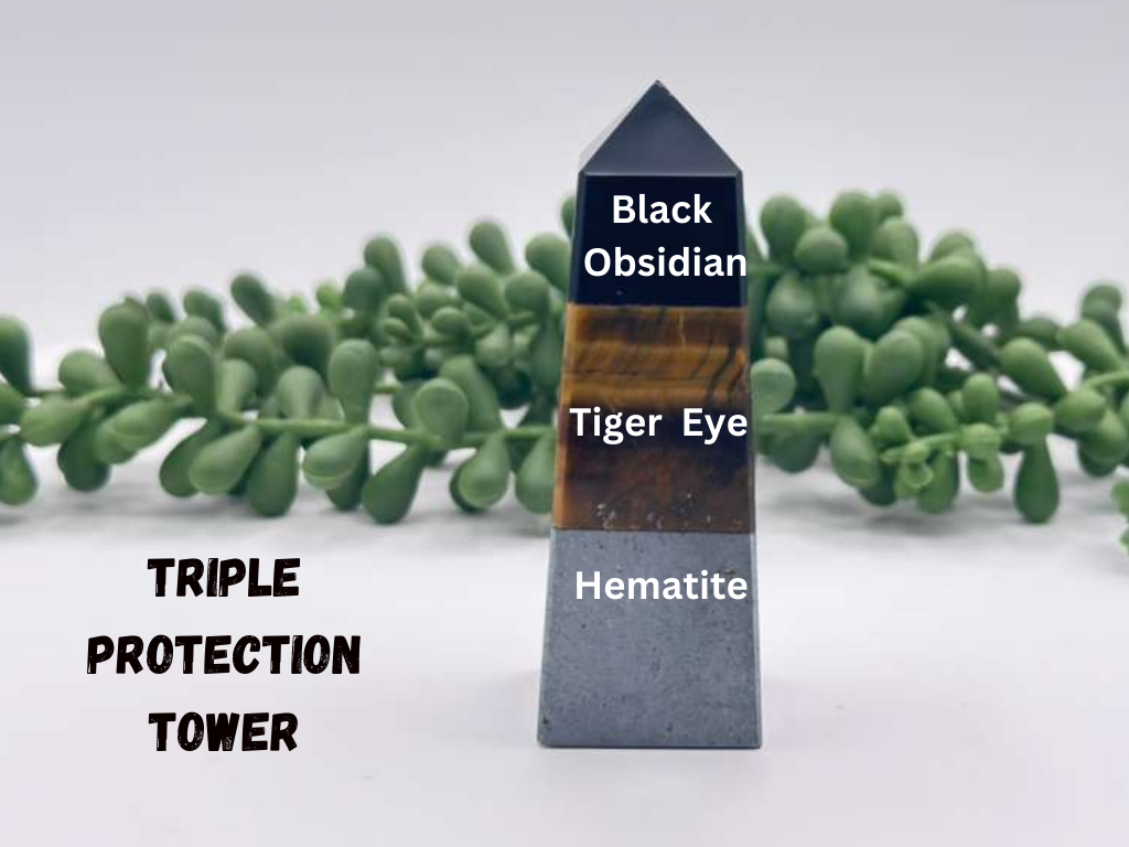 TRIPLE PROTECTION-Obsidian/Tiger Eye/Hematite Gemstone Tower