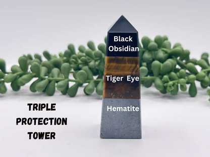 TRIPLE PROTECTION-Obsidian/Tiger Eye/Hematite Gemstone Tower