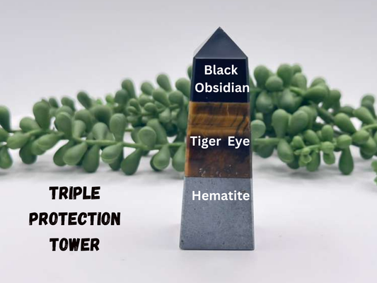 TRIPLE PROTECTION-Obsidian/Tiger Eye/Hematite Gemstone Tower