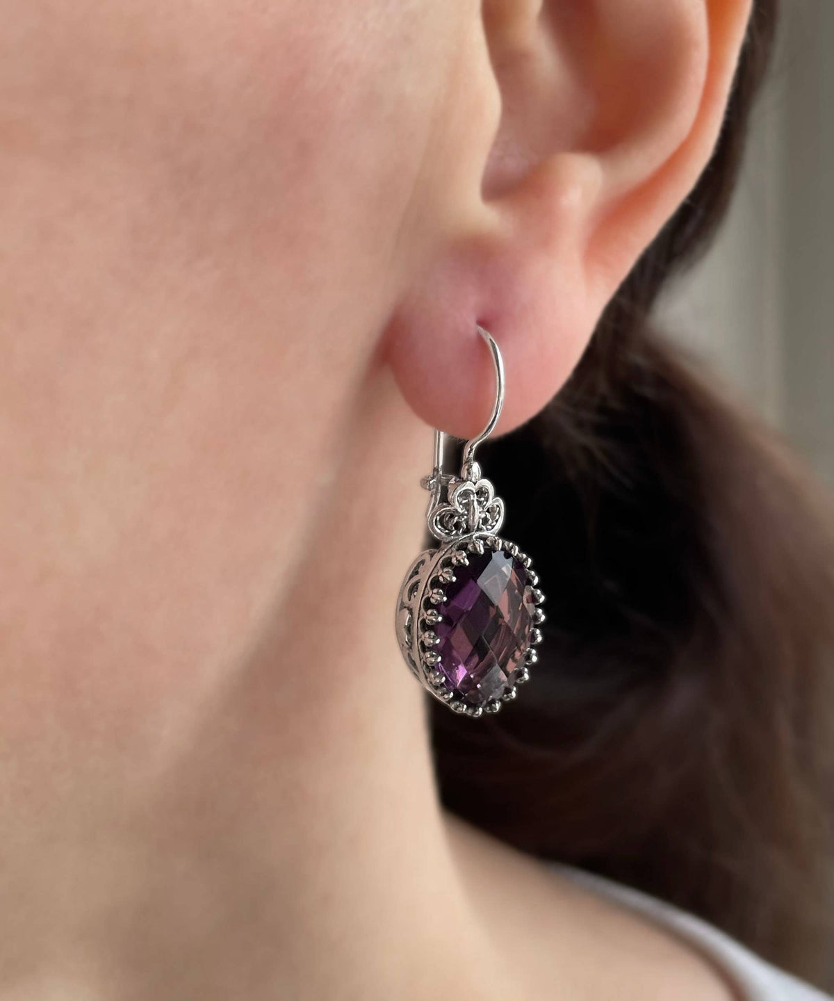 Filigree Art Heart Design Amethyst Gemstone Women Silver Drop Earrings