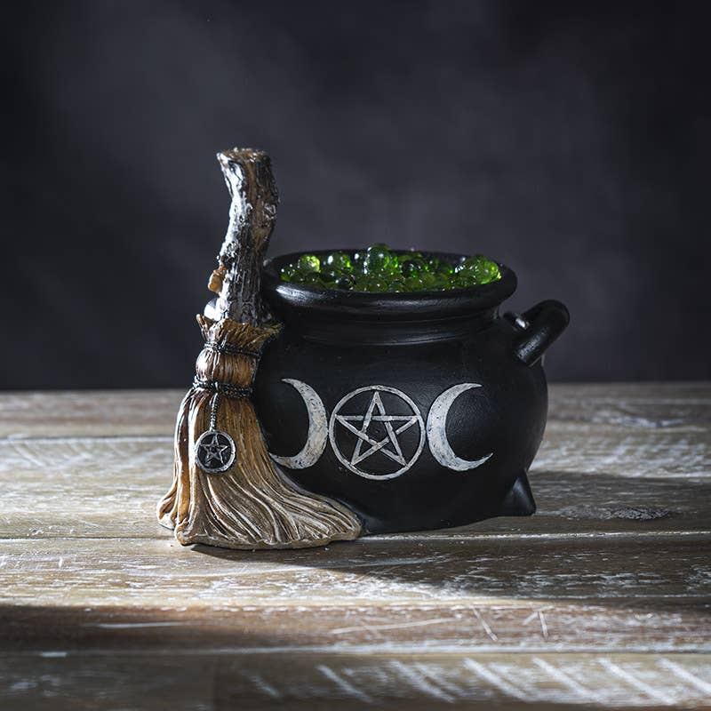 Triple Moon Cauldron w/Broom LED