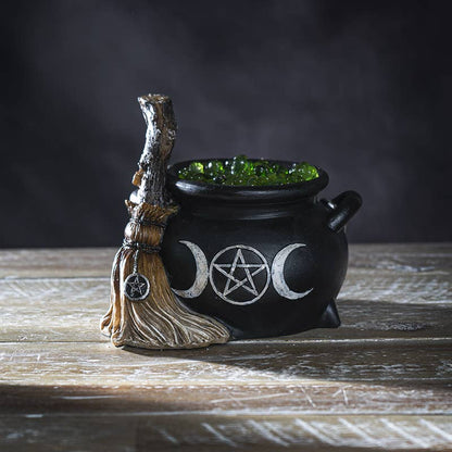 Triple Moon Cauldron w/Broom LED